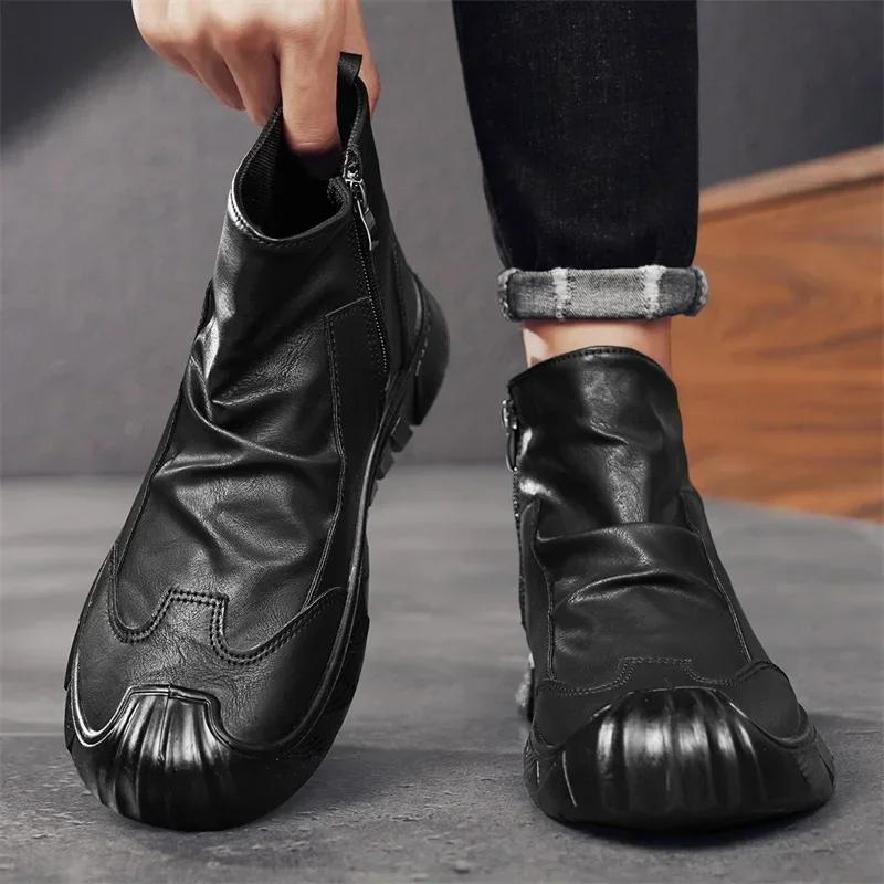 New Retro Men's Ankle Boots with Zipper, Casual High Top Men's Hiking Boots, Classic Leather Boots, Fashionable Motorcycle Shoes