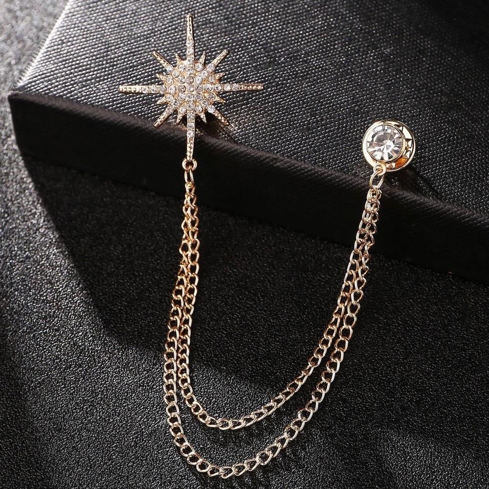 Metal Star Rhinestone Brooches Tassel Chain Crystal Lapel Pins Suit Coat Pin Jewelry Accessories