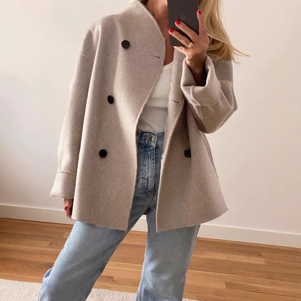 

Женское двубортное шерстяное тренчкот 2024 года - Длинный рукав, однотонный Small хаки