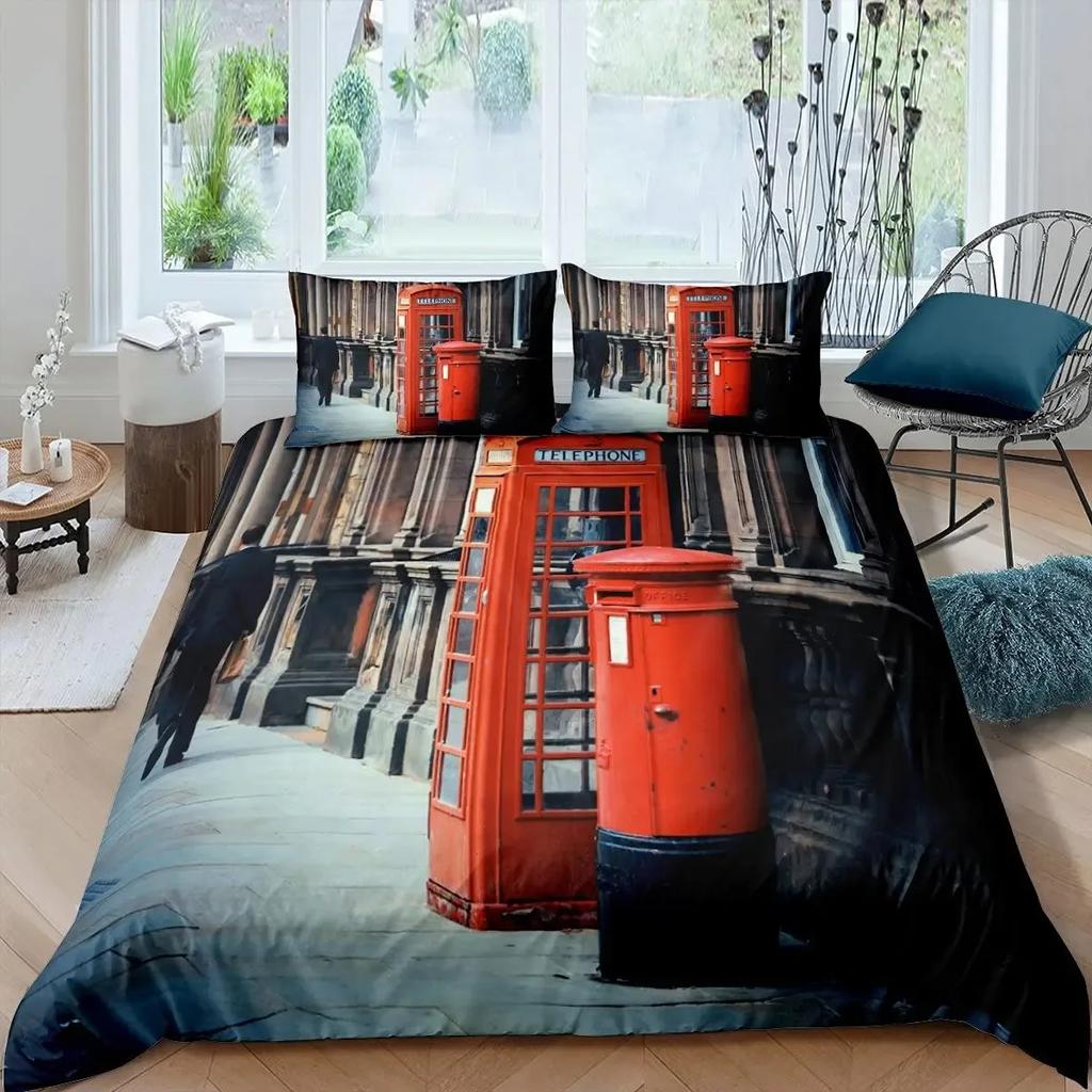 Big Ben Comforter Cover Boys Famous Telephone Booth Bedding Set for Teens Retro London Cityscape Duvet Cover Set with Pillowcase