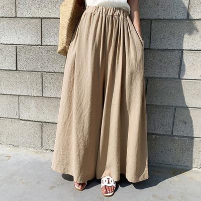 Women Elastic Solid Long Loose Wide Leg Skirt Pants