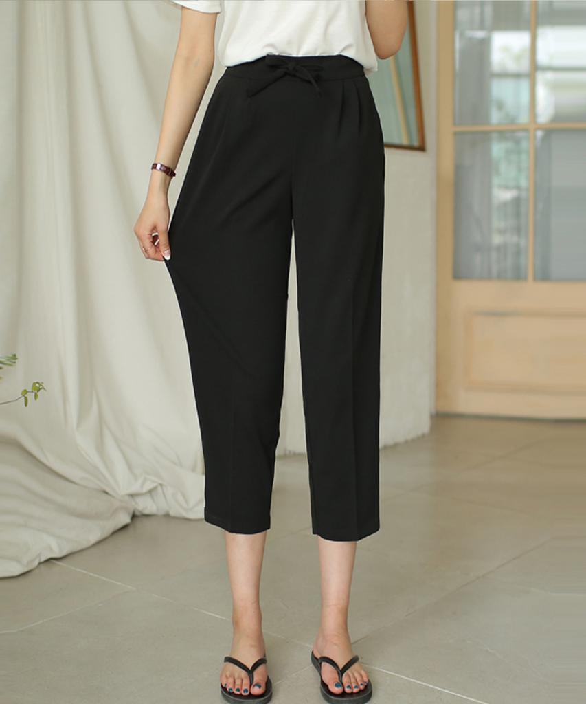 Ppaeppae Adjustable Drawstring Back Banded Pintuck Knee-Length Stretch Slacks