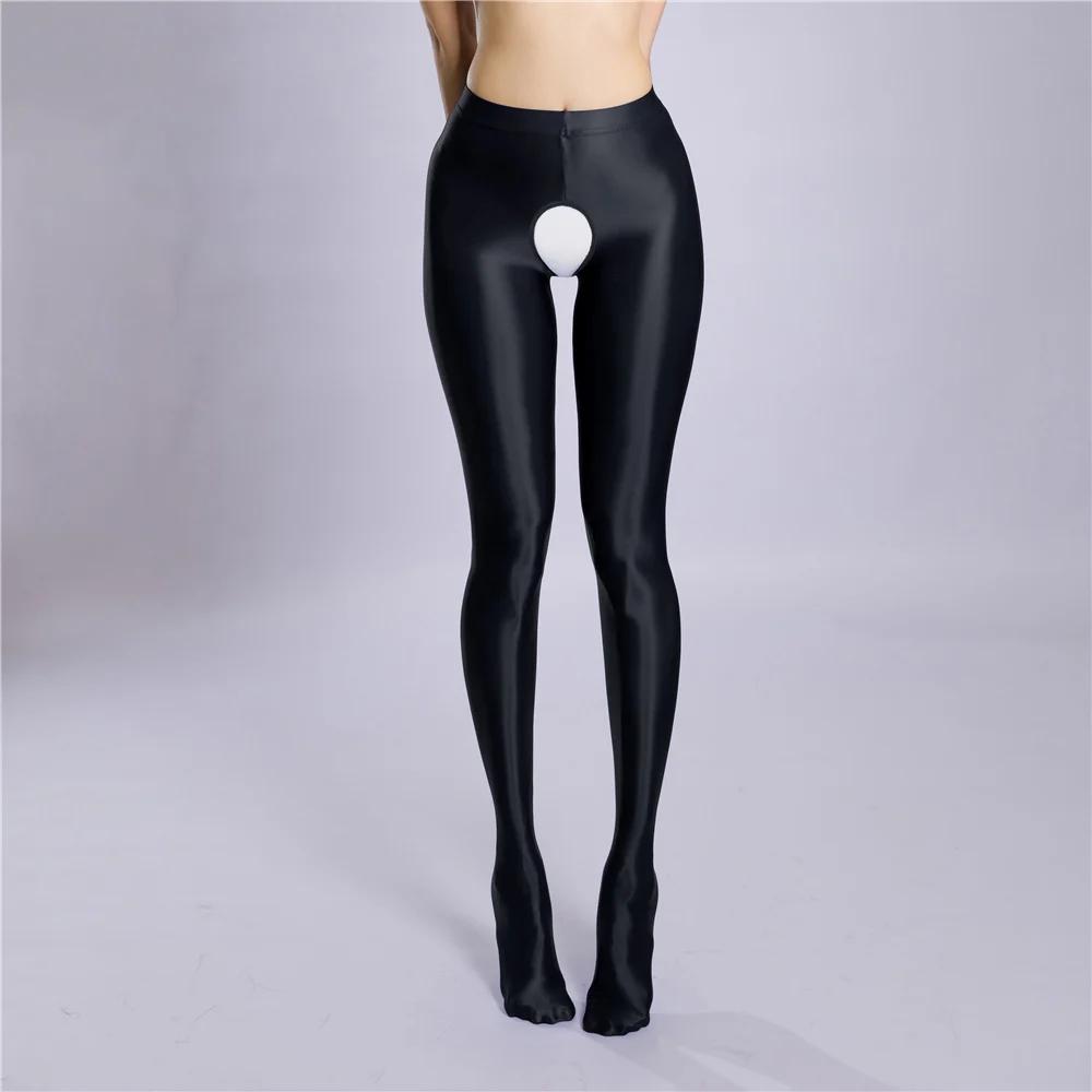 Sexy Women Crotchless Pencil Pants Elastic Glossy Shiny Slim Leg Yoga Shape Legging Tights Summer Ootd Fashion Party Dance