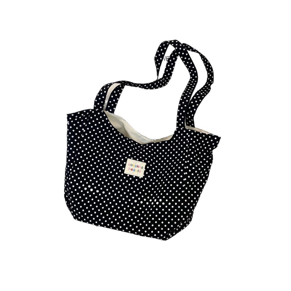 55 Printed polka dot shoulder canvas bag Large capacity tote bag Commuter finishing storage bag Women's shoulder schoolbag