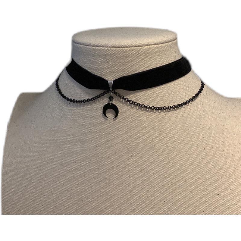 Gothic Black Crescent Choker Necklace for Women - Dark Neck Strap Accessory