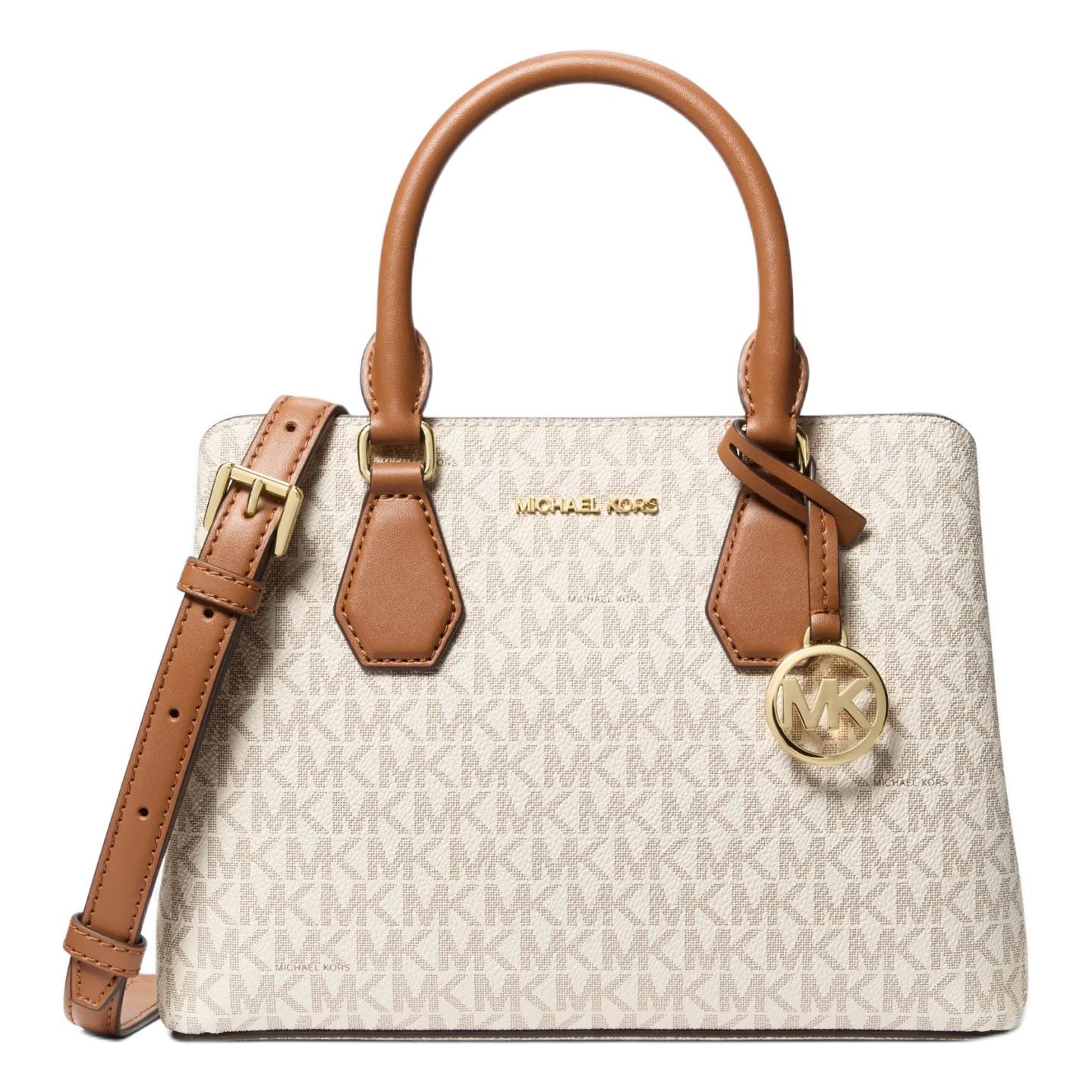 Michael Kors Camille Signature Logo Print Faux Leather Tote Bag Small Women handbags Vanilla-White Acorn-Brown 30F5GCAS2B-VANILLA/ACRN Basic Set (Bag+Dust Bag)