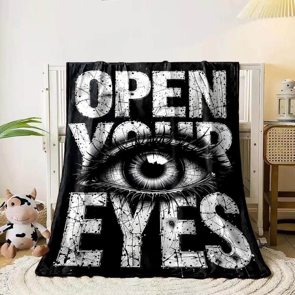 

Spray-painted OPEN YOUR EYES text with a detailed eye in the center. for all seasons blanket lunch break throw gift 80cm x 120cm