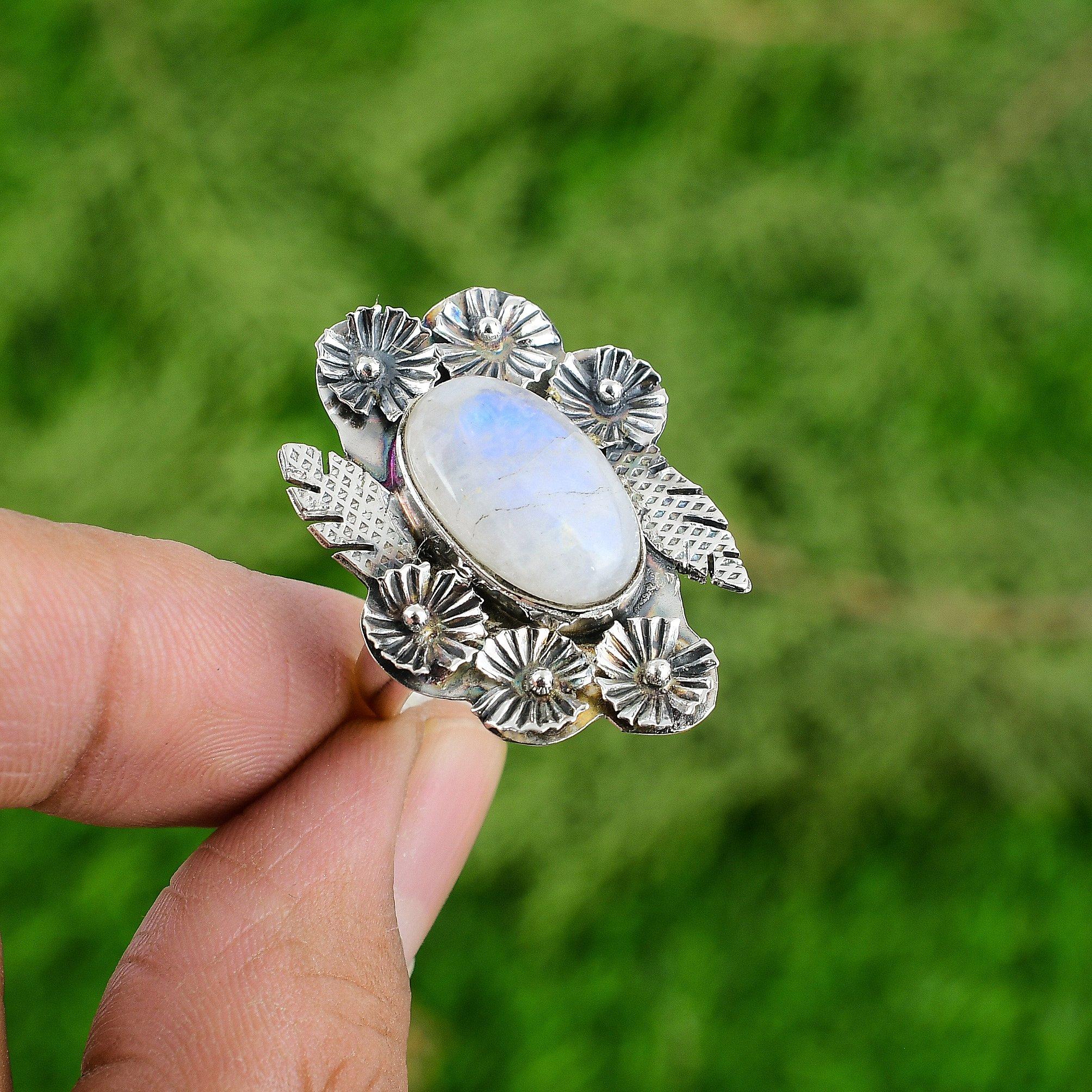 

Natural Rainbow Moonstone 925 Silver Promise Flower Adjustable Ring For Girls Adjustable