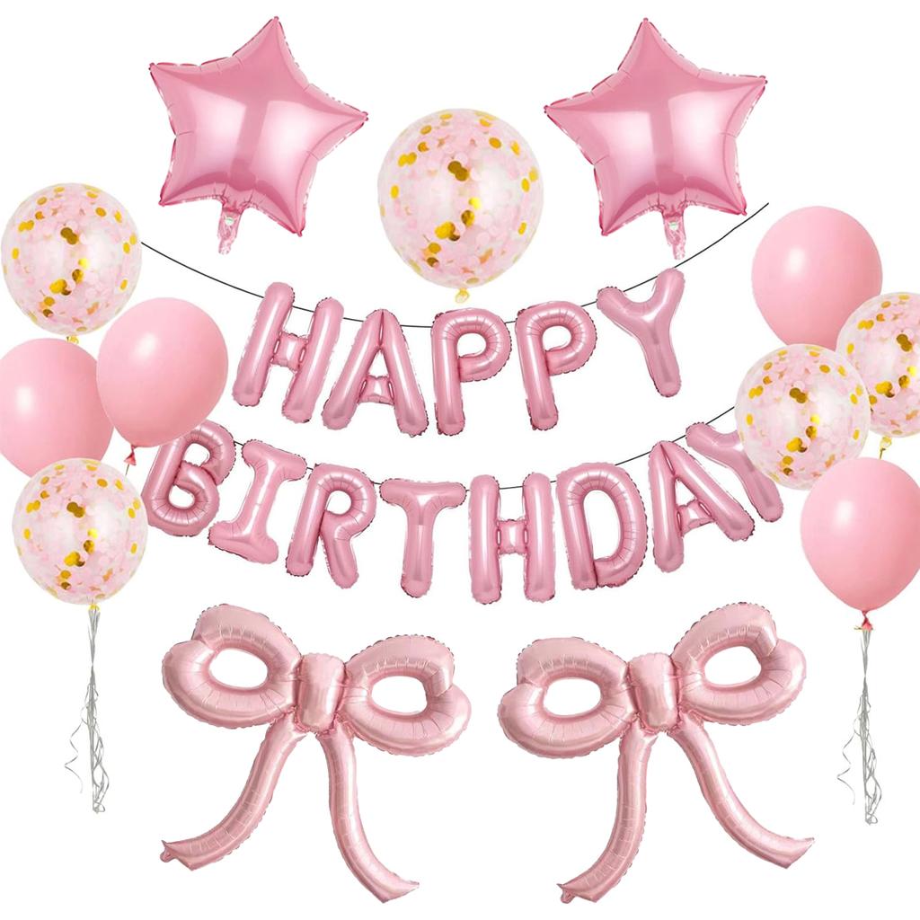 Pink Balloon Set with Bow, Birthday Letters, Colorful Confetti Balloons for Princess Tea Party, Birthday Proposal