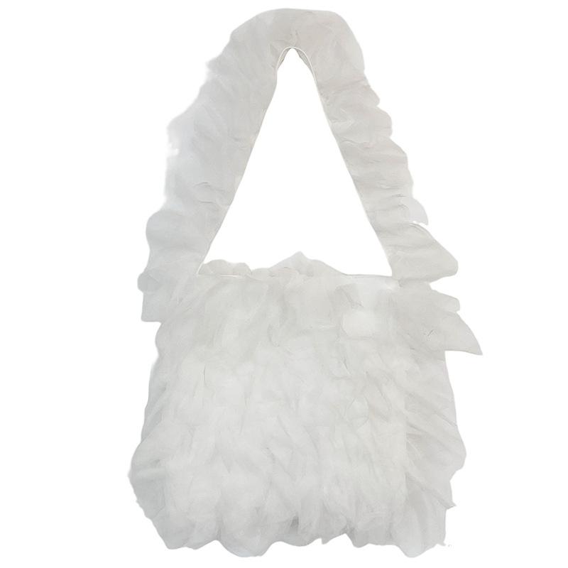 Ruffled Yarn Shoulder Bag Tulle Lace Tote Bag Pleated Underarm Bag Solid Color Tote Purse for Women Work Shopping Travel