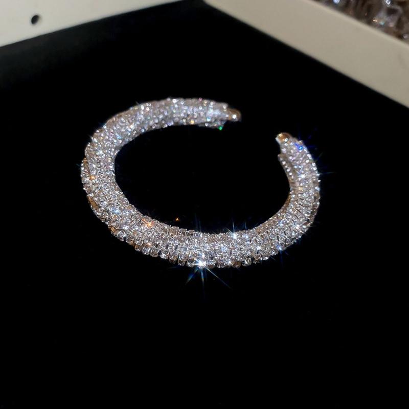 Sparkling Rhinestones Threaded Round Open Bangle Bracelet Adjustable Metal Wrist Jewelry Gift For Women Lady