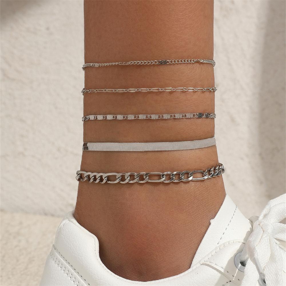 Ladies Gold Layered Bracelet Cuban Chain Anklet Chain Snake Bone Chain Tennis Chain Summer Beach Bracelet Set