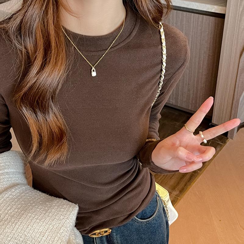 Spring Autumn Winter Coconut Fleece Base Layer Women Can Be Outer Wear Small Round Neck Stand Collar Premium Structured Shoulder Long Sleeve Top