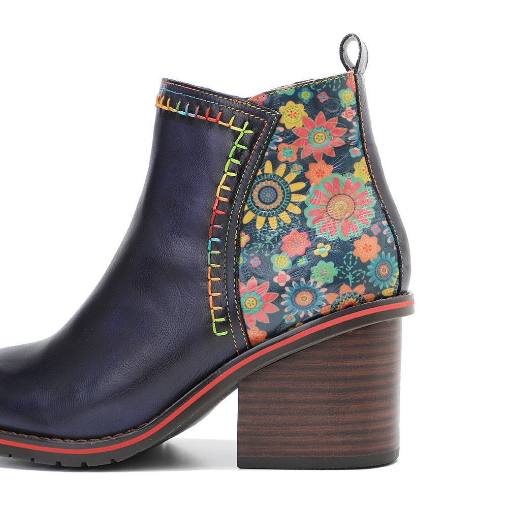 Johnature Genuine Leather Women Shoes Thick Heeled Short Boots  Round Toe Patchwork Handmade Ankle Boots