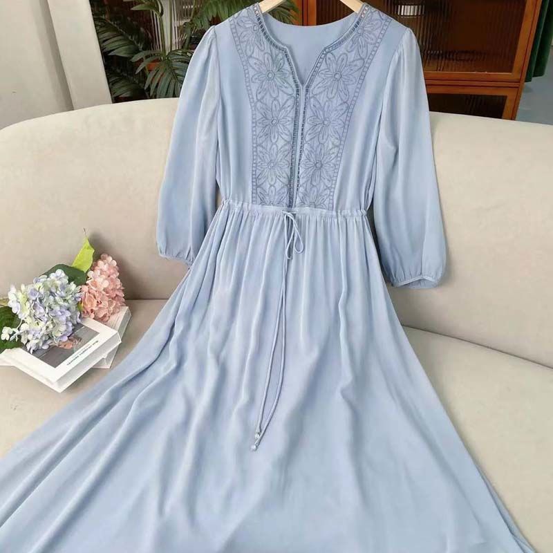 Romantic White Chiffon Dress with Embroidery for Women