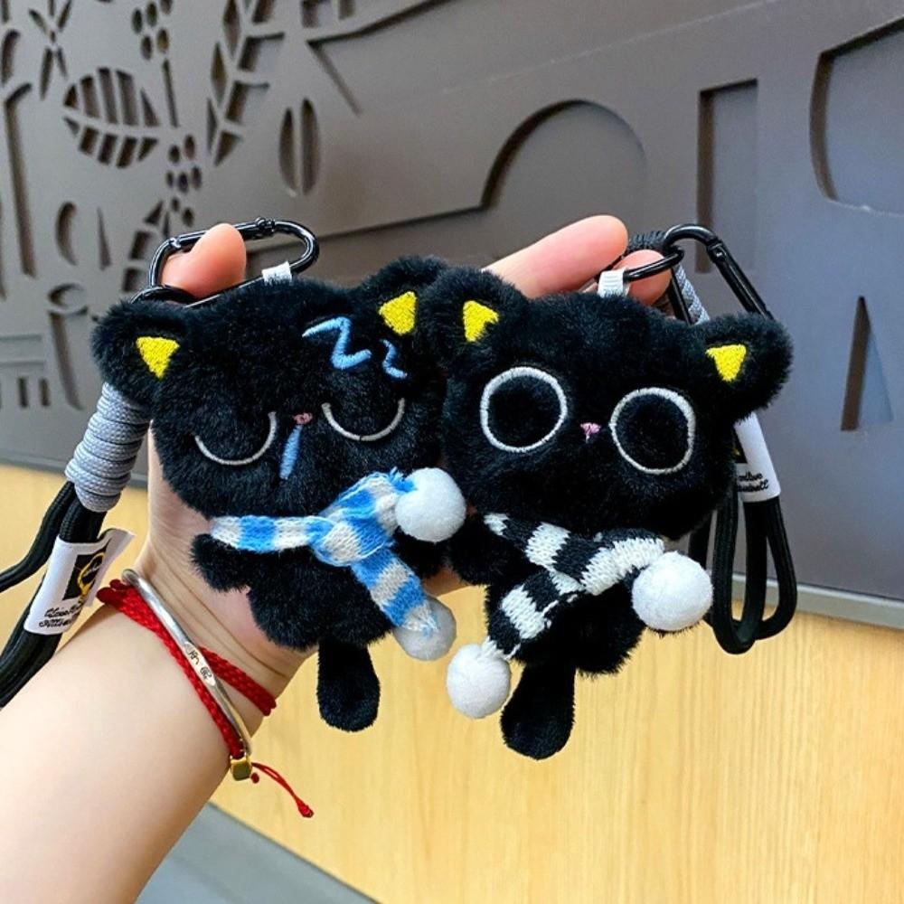 Sleepy Black Cat Plush Keychain Soft Car Key Ring New Bag Charms School Bag Decoration