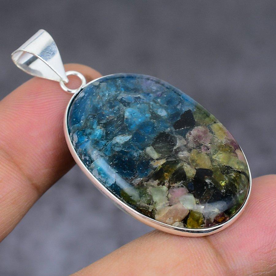 Watermelon Tourmaline Gemstone 925 Sterling Silver Jewelry Pendant 1.85" D1h48