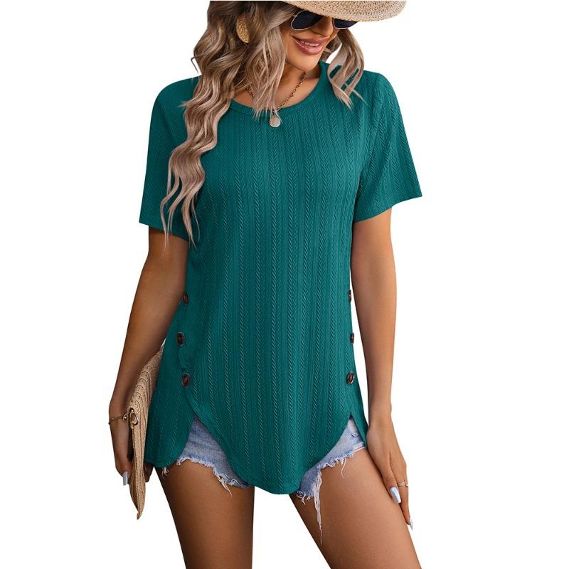 Summer Round Neck Jacquard Blouse Short Sleeve Women Buttons Top Casual Loose Long T-shirt Elegant Fashion Split Female Simple Tee Shirts 341