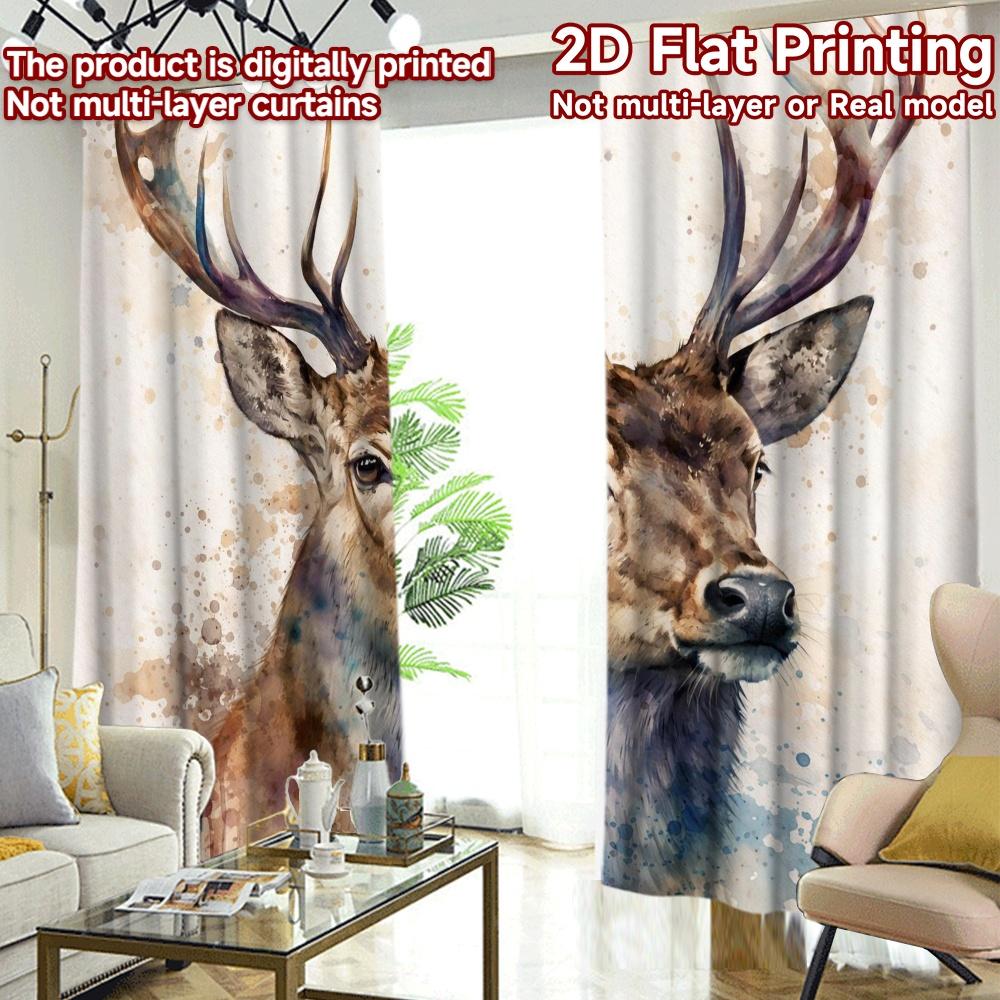 2D FLAT PRINTING 2pcs Curtains (Without Rod) Watercolor Majestic Deer Popular Minimalist Curtains Durable Polyester Curtains