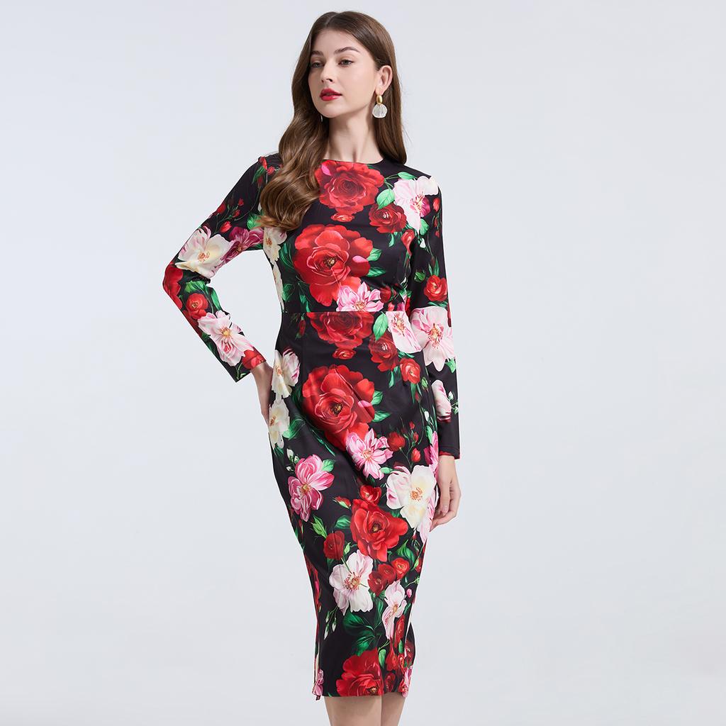 Spring Summer Women Designer Vintage Print Rose Office Work Slim Bodycon Pencil Dresses