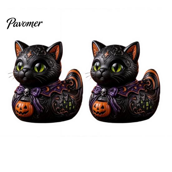 Spooky Home Accents Midnight Witches Cat Duck Figurine, Black Statue Resin Animal Ornament with Pumpkin Lantern, Halloween Decoration for Tabletop