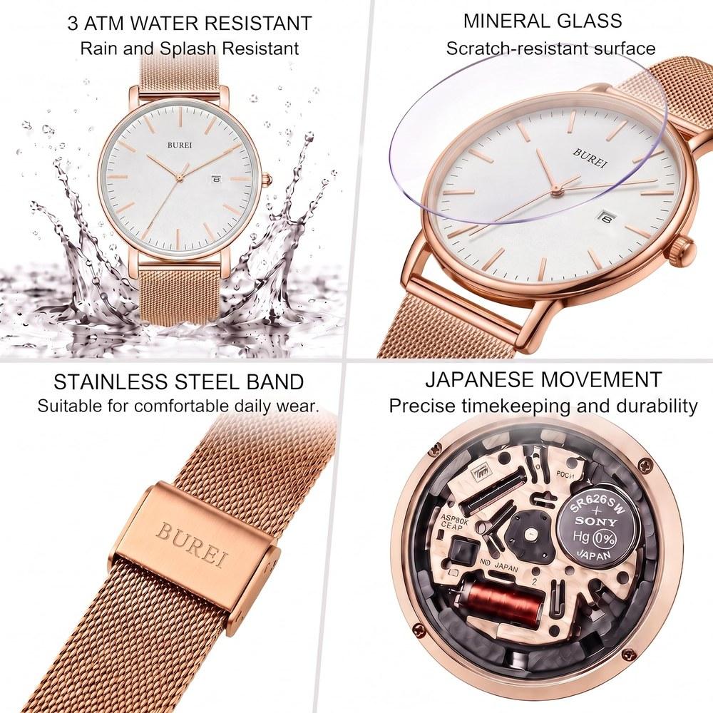 BUREI Men's Quartz Waterproof Date Rose Gold Stainless Steel Business Silver Wristwatch