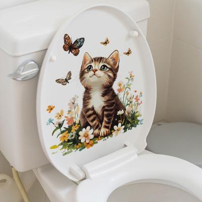 Adesivo per WC Impermeabile PVC Cartone Animato Fiore Gatto Decorativo Rimovibile Adesivo Coperchio Colore Vivace Decalcomania Artistica per WC