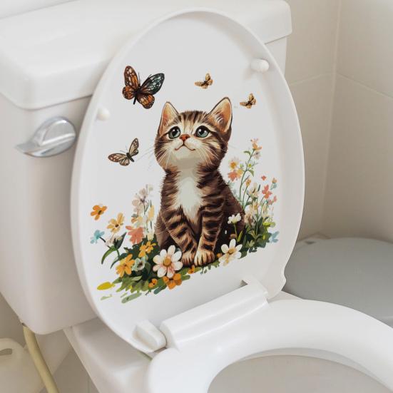 Toilet Sticker Waterproof PVC Cartoon Flower Cat Decorative Removable Lid Sticker Bright Color Toilet Art Decal