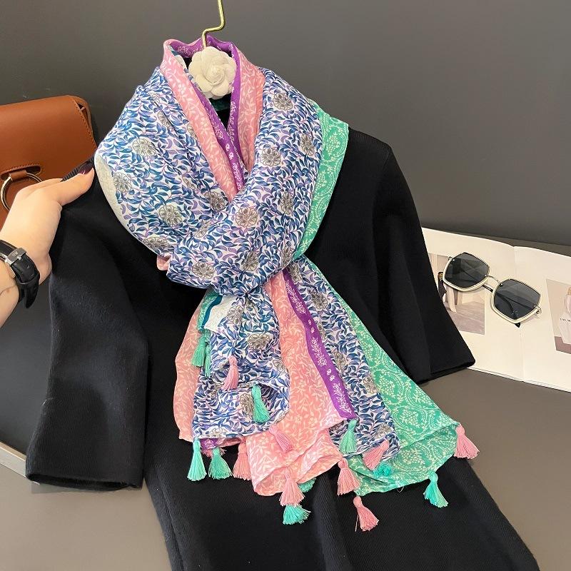 Dünner Baumwoll- und Leinen-Schal für Damen für Frühling und Sommer Ethno-Stil Quasten-Schal Reiseschal Strandtuch Atmungsaktiv Weich