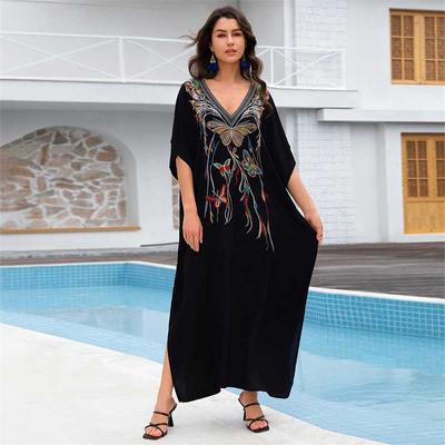 2024 Μαύρη ρόμπα Kaftan με πεταλούδα με κέντημα με λαιμόκοψη V Γυναικείο φόρεμα παραλίας Μαγιό Coverup Cozy Homewear Q1703