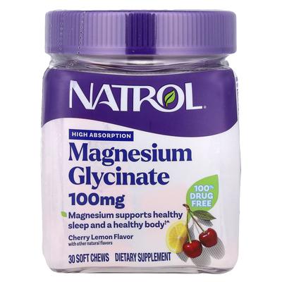 Glycin Magnesium, Hohe Absorption Kirsche Zitrone, 100 mg, 30 Weichkautabletten