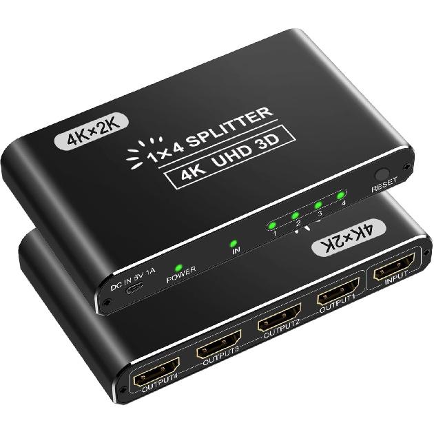 HDMI Splitter, 4K HDMI Splitters 1 In 4 Out for Dual Monitors Supports 3D Full HD 1080P Aluminum Compatible for PS4 Fire Stick HDTV(1 Source To 4