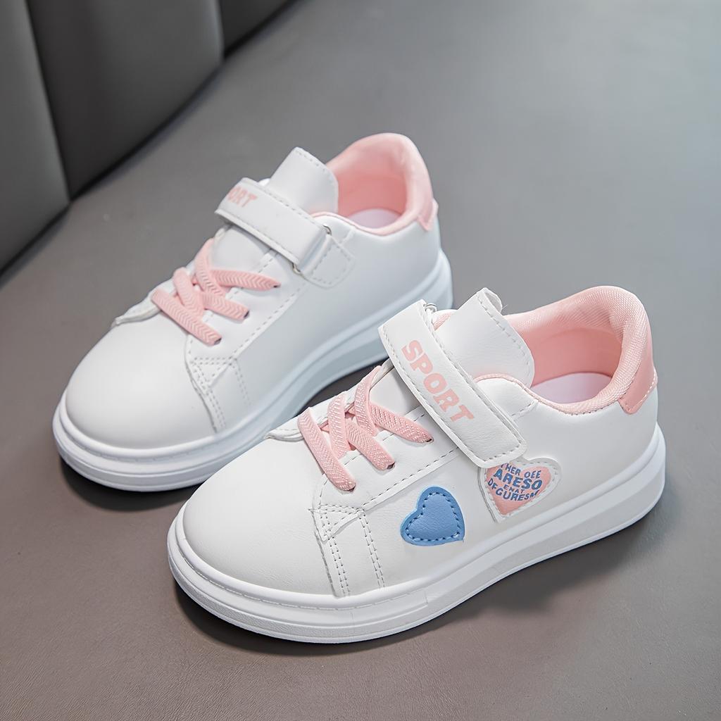[Niedliche Kinder-Sneaker] Niedliche Kinder-Freizeit-Sneaker | Herzmuster Weiß & Rosa Low-Top Schnürschuhe, Runde Zehenpartie, Obermaterial in Lederoptik, Stoff-Innenseite