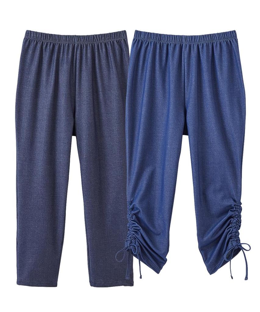 Nissen Cool and Cool UV Cotton Thin Set of 2 Ribbon Navy Dark Sizes Leggings/Stirrup Leggings, Protection, Blend, Denim-Like Fabric, 3/4 Length, (Hem