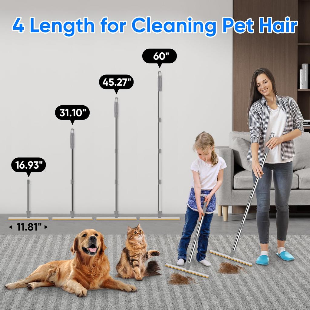 PWEZON Pet Hair Remover Set with Metal Fabric Edge Openable Carpet Scraper Rake Reusable Small and Large Pet Brush Broom for Stairs 60'' Carpets,