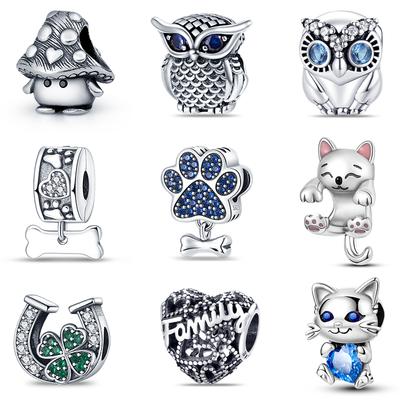 925 Silver Color Mushroom Owl Cat Bone Animal Charms Beads Fit Diy 925 Original Bracelets Fine DIY Birthday Jewelry Gifts