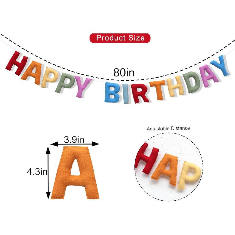 Happy Birthday Felt Fabric Banner - Rainbow Birthday Garland, Decoration for Mantle Party, Kids Birthday Party Decor, Photo Props