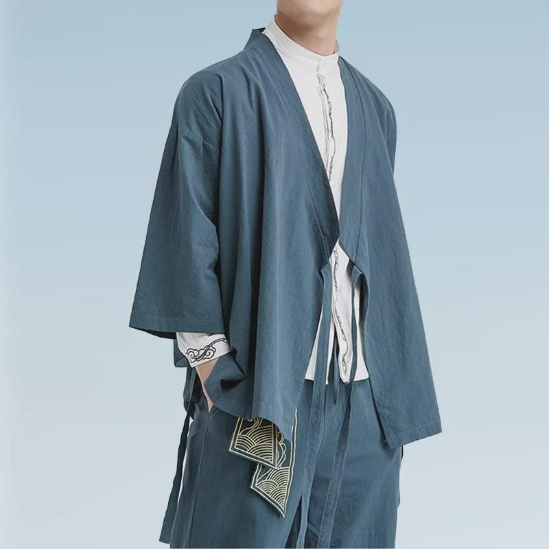 Men's Zen Buddhist Hanfu: Cotton & Linen Taoist Robe, Three-Quarter Sleeve, Spring/Autumn Ancient Style Tea Jacket