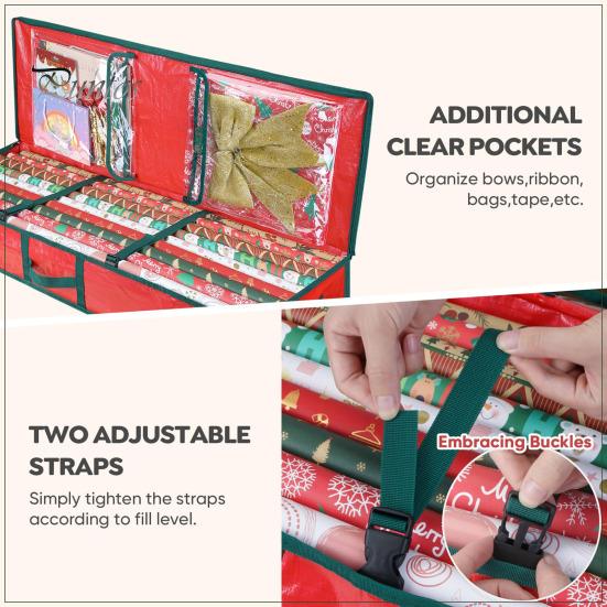 Christmas Wrapping Paper Storage Bag Flexible Partitions Pockets Large Capacity Durable Handle PE Gift Wrap Organizer