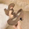Large Size 43 Sexy High Heels Shoes for Women Bow Elastic Band Chunky Platform Pumps Woman Black Flock Square Heel Party Shoes