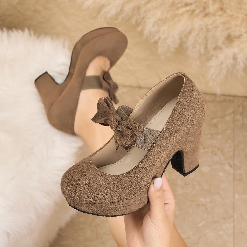Large Size 43 Sexy High Heels Shoes for Women Bow Elastic Band Chunky Platform Pumps Woman Black Flock Square Heel Party Shoes