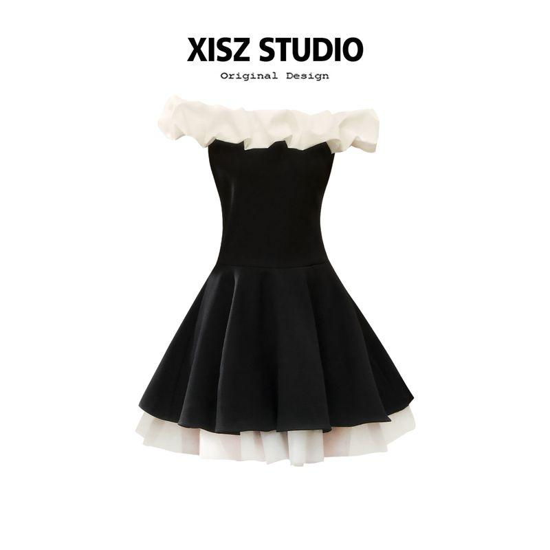 

Hepburn-Style Mesh Patchwork Off-The-Shoulder Puffy Dress for Women, Summer Waist-Cinching Slimming High-End Dress, Little Black Dress Black [High Quality] XL