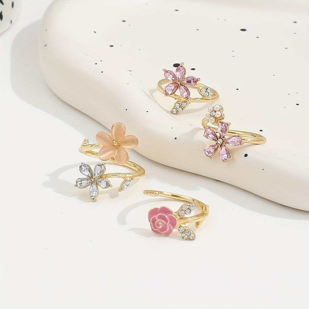 4pcs Set of Alloy Rhinestone Imitation Pearl Oil Painting Stacked Ring Set. Fashionable, Elegant And Sexy Flower Pink Series Rhinestone Imitation Pear