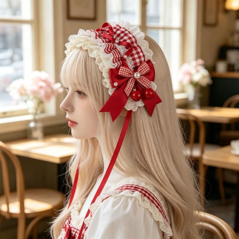 Lace Hairband Hair Barrette with Red Cream Styling and Fabric Ribbon Finish for Decorative Outfit Coordination and Photo Use