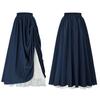 Women Lace Stitching Side Pleated Maxi Skirt Solid Color Double Layer Long Skirt Elastic High Waist Retro A-Line Skirt