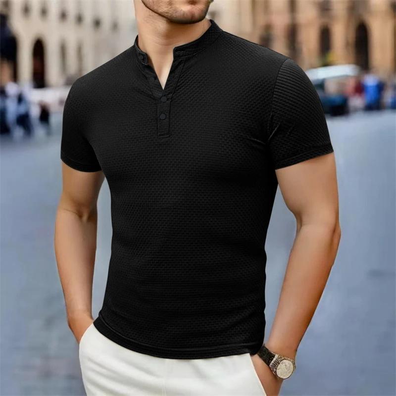 

Men s Business Casual Short Sleeve POLO Shirt Bone Flower Solid Color Breathable Comfortable Fashion Summer Versatile Top 4XL чёрный