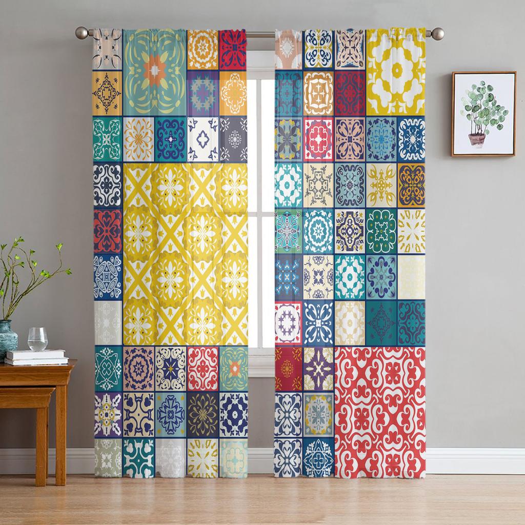 Mandala Bohemian Tiles Floral Soft Tulle Transparent Curtains for Living Room Decoration Window Panel Curtain for Bed Chamber Sheer Fabric Silk-like