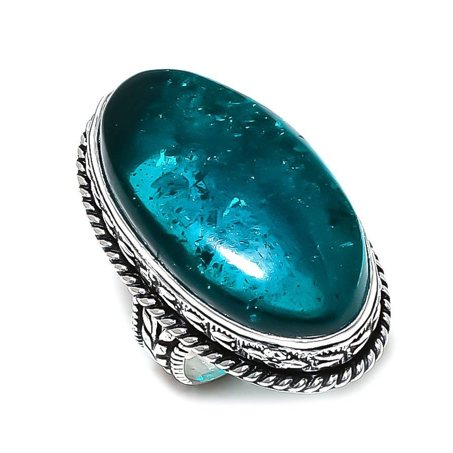 Blue Amber Handmade 925 Sterling Silver Gift Jewelry Ring Size 8 j3F58