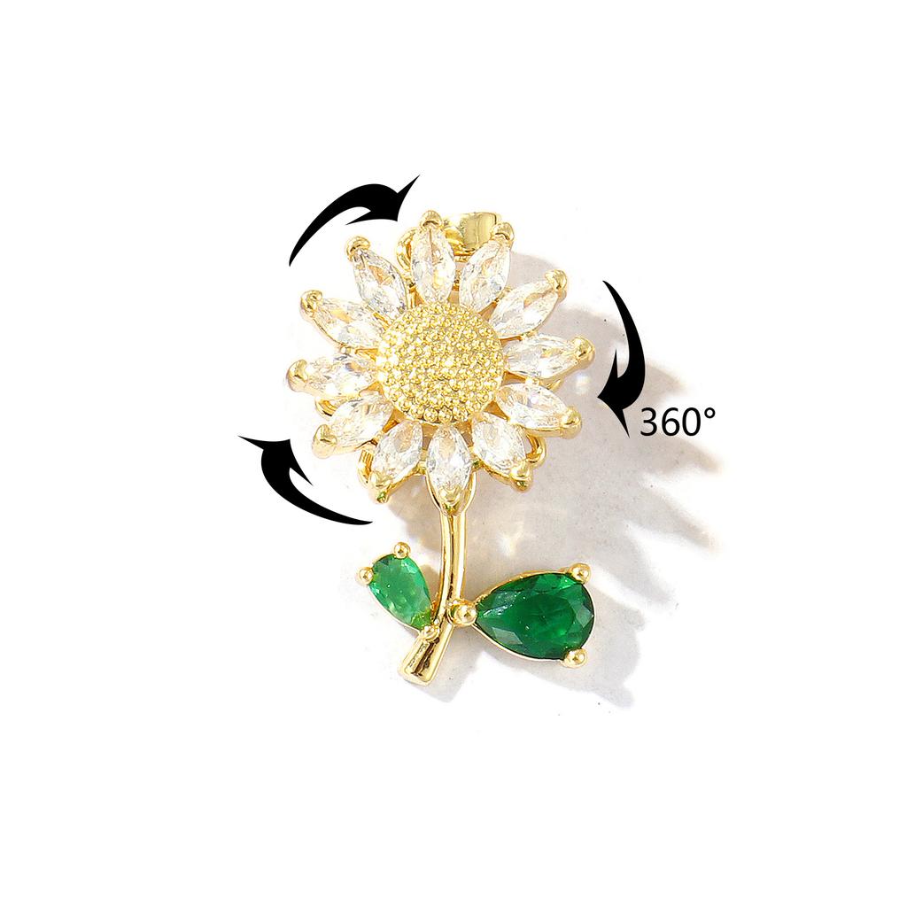 1 Piece Brass & Rhinestone Charms 18K Gold Plated Flower Rotatable Sunflower Daisy Pendants For DIY Necklace Jewelry Making