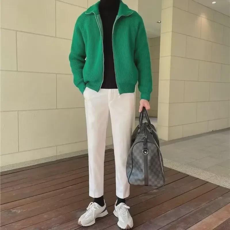 Men's Green Half-Turtleneck Knitted Cardigan with Stand Collar